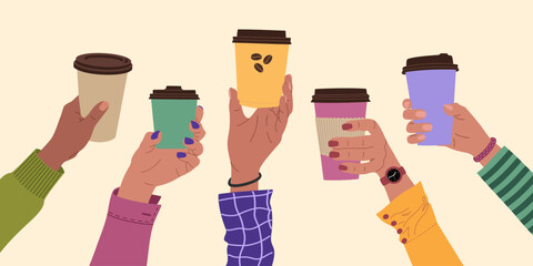Diverse hands holding a disposable cups of coffee, espresso or cappuccino. Morning hot drink. Coffee break. Hand drawn vector illustration isolated on light background. Modern flat cartoon style.