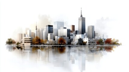 秋の木々と反射するスカイラインのある未来的な都市景観