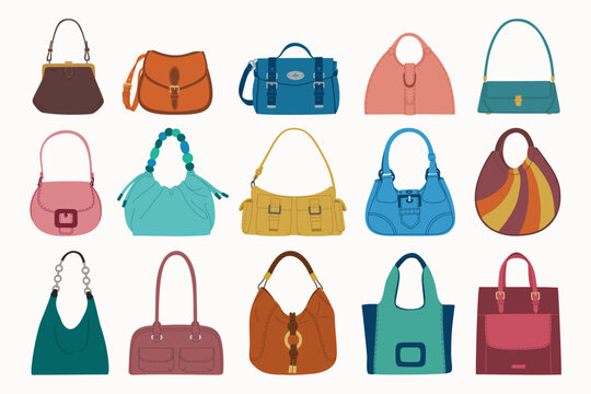 Set of different female bags. Fashion modern accessories. Hand drawn vector illustration isolated on white background, flat cartoon style.