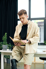 A motivated young man with a prosthetic leg is engrossed in reading a book in a stylish office...