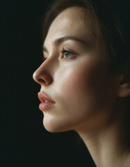 A woman's profile is captured in profile, her gaze directed to the left, against a stark black background.