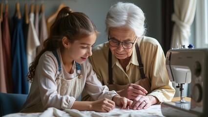 A grandmother and her granddaughter engage in a sewing session together at home. The young girl attentively learns stitching techniques from her grandmother, both immersed in the creative process as e