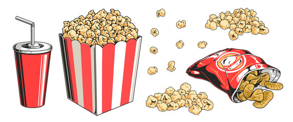 Snacks for a movie night with popcorn and drinks