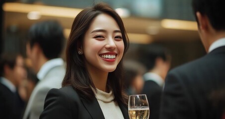 ネットワーキング イベントでシャンパン グラスを持ちながら微笑むエレガントな女性