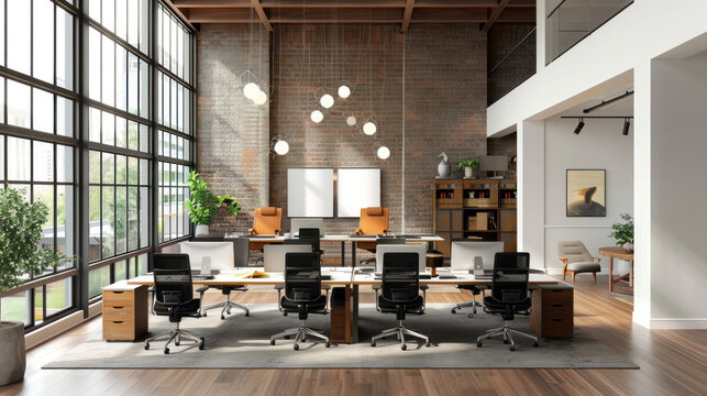 An office with workspace furniture designed for collaboration, including communal tables, mobile desks, and flexible seating options.