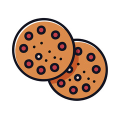 Simple illustration of chocolate chip cookies, symbolizing baked goods, dessert, and sweet treats, ideal for holiday and snack themes.