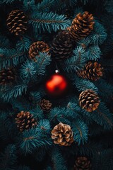 Festive red ornament nestled pine cones evergreen branches