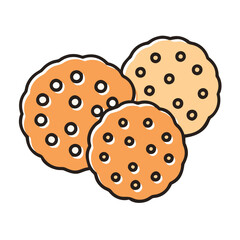 Simple illustration of chocolate chip cookies, symbolizing baked goods, dessert, and sweet treats, ideal for holiday and snack themes.