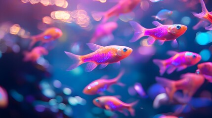 Fototapeta premium Dazzling Neon Colored Glowfish Illuminating an Ethereal Aquarium