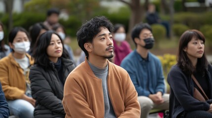 Fototapeta premium 屋外イベントに参加する多様な人々のグループ、前景に集中している男性、カジュアルな服装、マスクをした人々