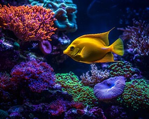 Obraz premium Vibrant Underwater Reef with Graceful Yellow Tang Fish Swimming Through Colorful Corals and Anemones
