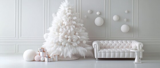 White Christmas tree decor with presents and couch in stylish interior setting.