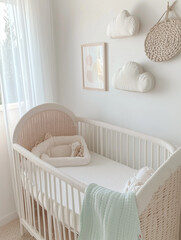Minimalist nursery with soft mint tones and cloud shelf decor, creating a soothing and child-friendly environment.