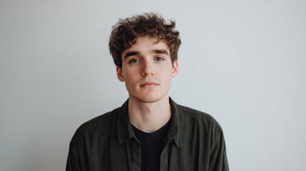 Fototapeta premium young man with curly hair poses against plain background, exuding calm and thoughtful demeanor. His casual attire complements his relaxed expression, making for striking portrait