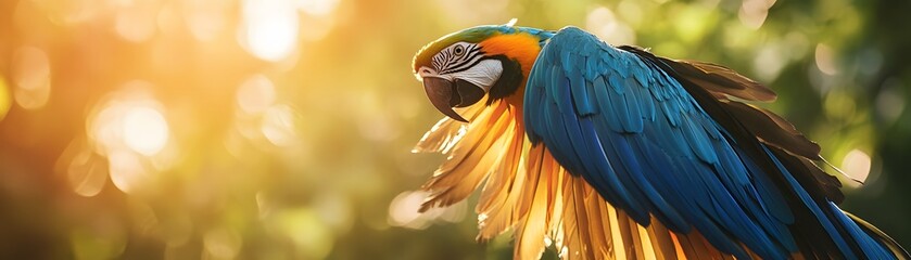 Fototapeta premium A Vibrant Blue and Yellow Macaw in a Sunlit Forest