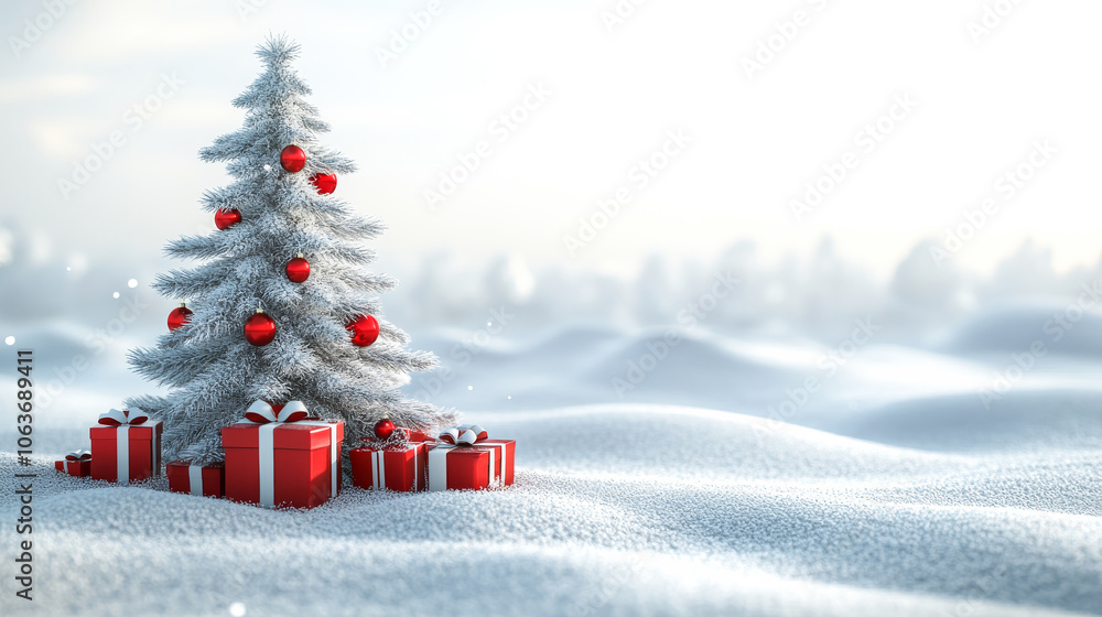 Poster a white christmas tree with red ornaments sits in a snowy field. the tree is surrounded by several r