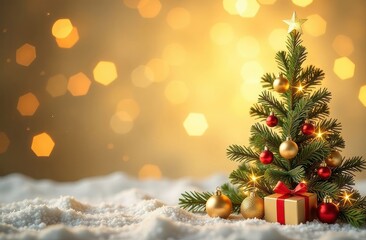 Miniature Christmas tree with presents and bokeh lights in background