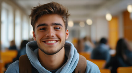 Fototapeta premium cheerful male college student smiles warmly in study room filled with fellow students. His casual attire and friendly expression create welcoming atmosphere