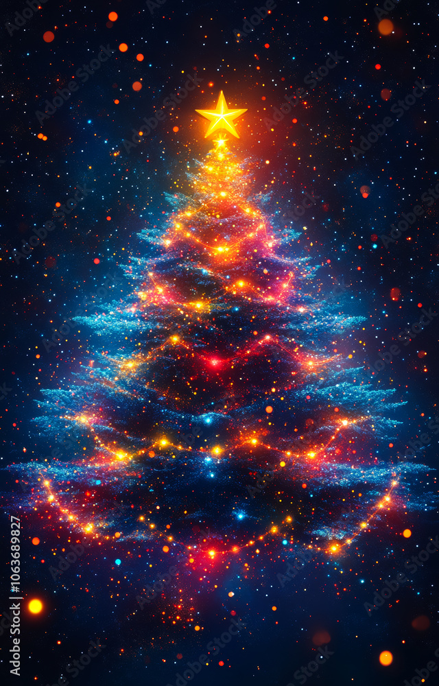 Poster a christmas tree with a star on top and lights on the branches. the tree is surrounded by a lot of s