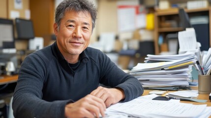書類に囲まれたオフィスで自信に満ちたビジネスマン