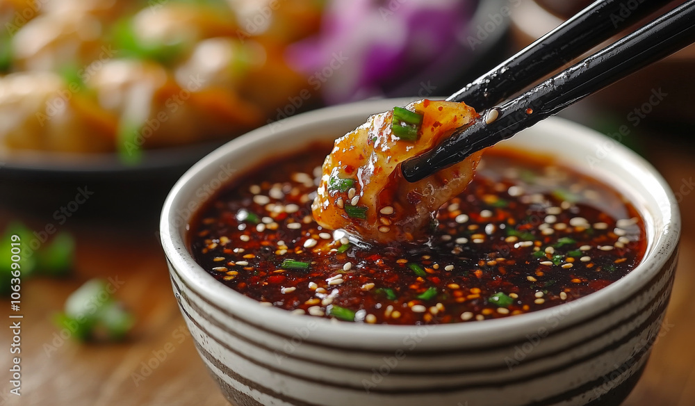 Poster a bowl of sauce is on a table with chopsticks in it