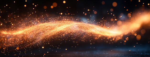 A stream of orange glitter is falling from the sky. The glitter is falling in a way that it looks like it is being blown by the wind. The scene is very dynamic and energetic