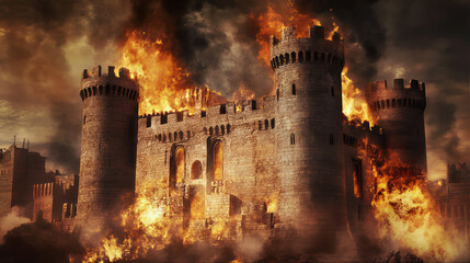 Fototapeta premium Destruction of ancient city of Jerusalem in 607 B.C.E by Chaldean soldiers under rulership of Babylonian King Nebuchadnezzar II, Jews were killed and others taken captives for disobedience to God