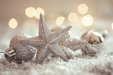 Sparkling silver Christmas star decoration on a soft background.