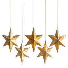 Obraz premium Five golden star decorations hanging elegantly, perfect for festive occasions, capturing the essence of celebration and holiday spirit.