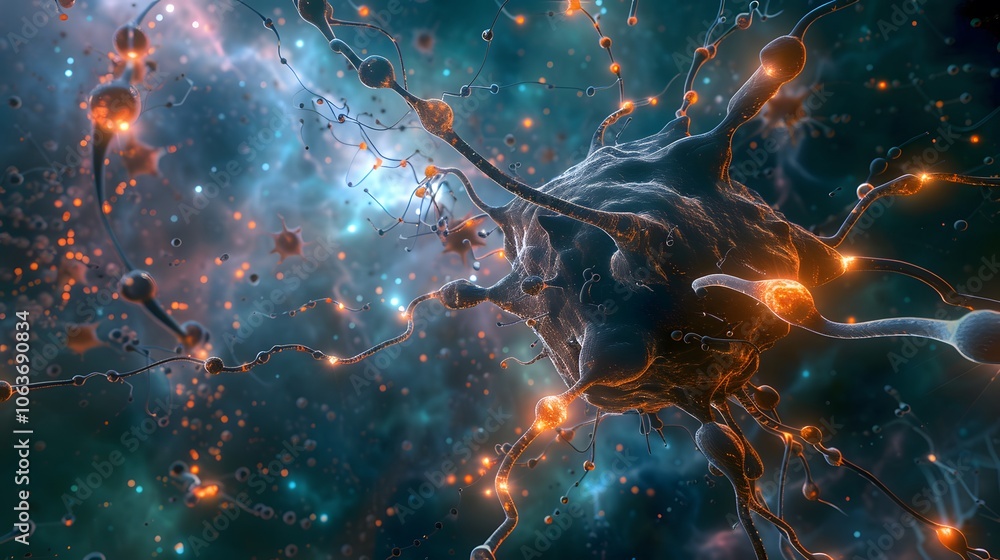 Poster Intricate Neural Network of Glowing Neurons and Synapses in Abstract Cosmic Backdrop