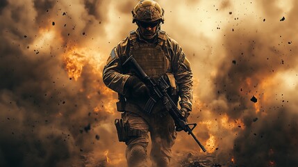 Fototapeta premium A fictional soldier stands in the middle of a chaotic battlefield. He holds a rifle in his hand, his face covered in dirt and his clothes dirty, reflecting the fatigue and intensity of the battle.
