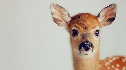 Fluffy baby deer standing on a solid white background, gentle and innocent