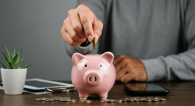 Man saving money in pink piggy bank