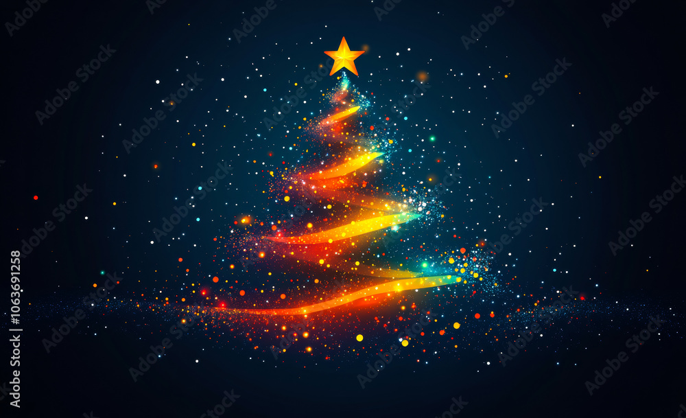 Poster a colorful christmas tree with a star on top. the tree is surrounded by a lot of sparkles and is ver