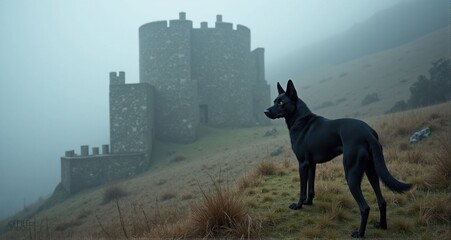 Black dog stands by ancient stone tower