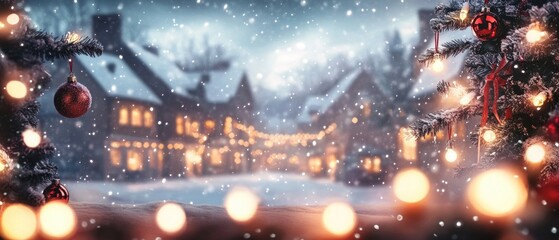 Beautiful blurred background of snowy Christmas landscape, city decorated with garlands. X-mas eve decoration background with golden lights glowing