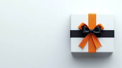 Gift Box with Orange and Black Ribbon: A minimalist gift box with a classic black bow and orange ribbon. The elegant design is perfect for special occasions or holidays.