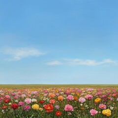 Obraz premium A vibrant field of colorful flowers under a clear blue sky.