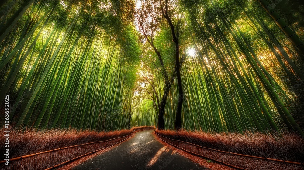 Aufkleber a serene forest pathway illuminated by sunlight filtering through lush green leaves, creating a tran