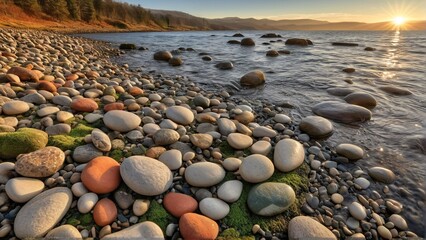 Obraz premium A tranquil rocky beach at sunset, with a variety of rocks in shades of white, gray, orange, and green, is set against a backdrop of a calm body of water and distant mountains.