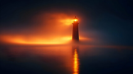 Lighthouse in Foggy Sea at Sunset - Photo