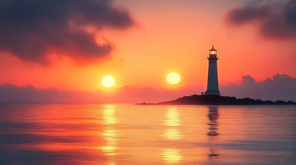 Lighthouse Sunset with Two Suns Illustration