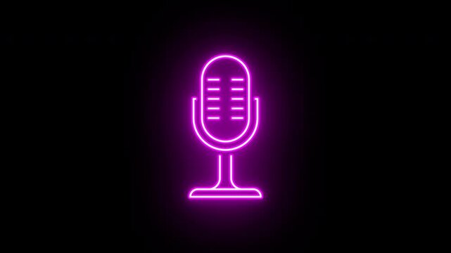 Neon mic icon animation, slow blink. Glowing neon microphone sign, looped slow flashing animation. Audio podcast, live voice interview, on air, radio show, sound record. Purple, red, pink colors