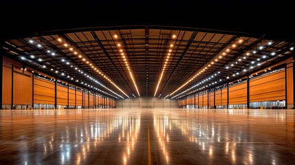 Empty modern warehouse with high windows and soft light, minimalistic concrete floors, clean interior