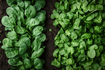 Fresh spinach leaves growing in rich, dark soil create vibrant garden scene. lush greenery showcases healthy plants thriving in their natural environment, evoking sense of vitality and nourishment