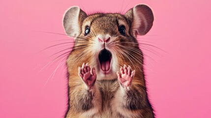 Fluffy chinchilla with a shocked face, mouth open and tiny paws raised, on a pastel pink backdrop, playful and sweet