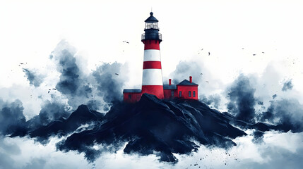 Lighthouse on Rocky Coast in Watercolor Style Illustration