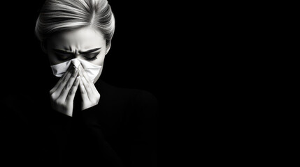 A woman with a tissue in her hand, looking sad. The image is black and white. The woman is wearing a mask, which suggests that she might be sick or trying to prevent the spread of germs