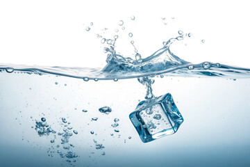 Ice Cube Splashing into Water with Bubbles and Ripples