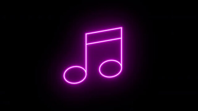 Neon music icon animation, slow blink. Glowing neon music note, looped slow flashing animation. Melody sound, musical note, music track, audio podcast, song, disco party. Purple, red, pink colors